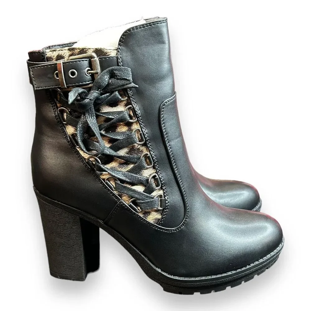 Globalwin Platform Chunky Heel Lugged Sole Boots 8.5 Black Leopard Print Lace Up